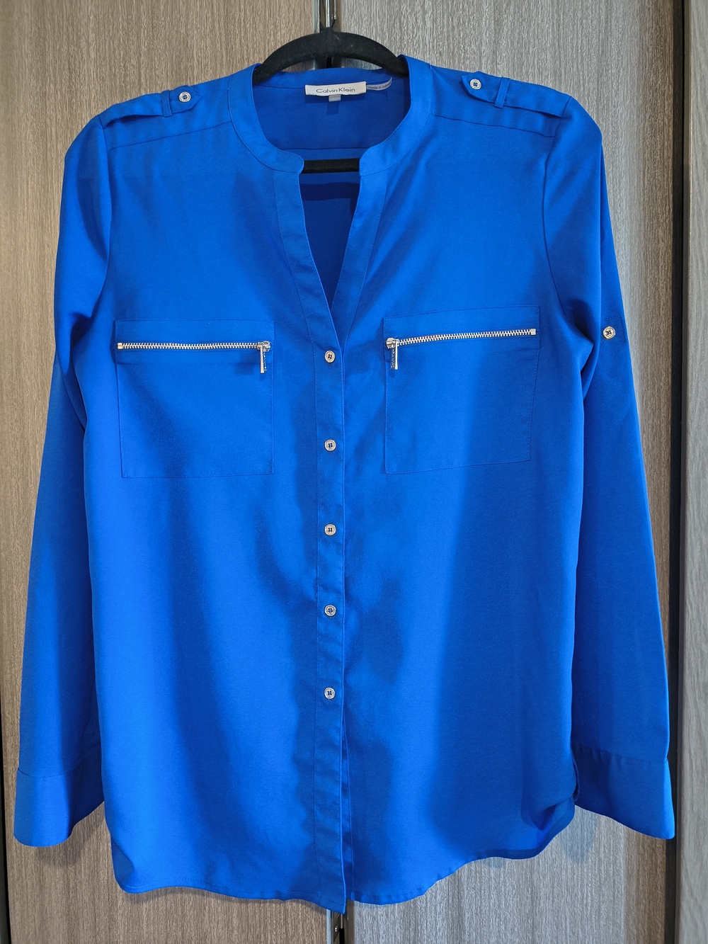 Calvin Klein Women's Royal Blue Zip-Pocket Long Sleeved Blouse